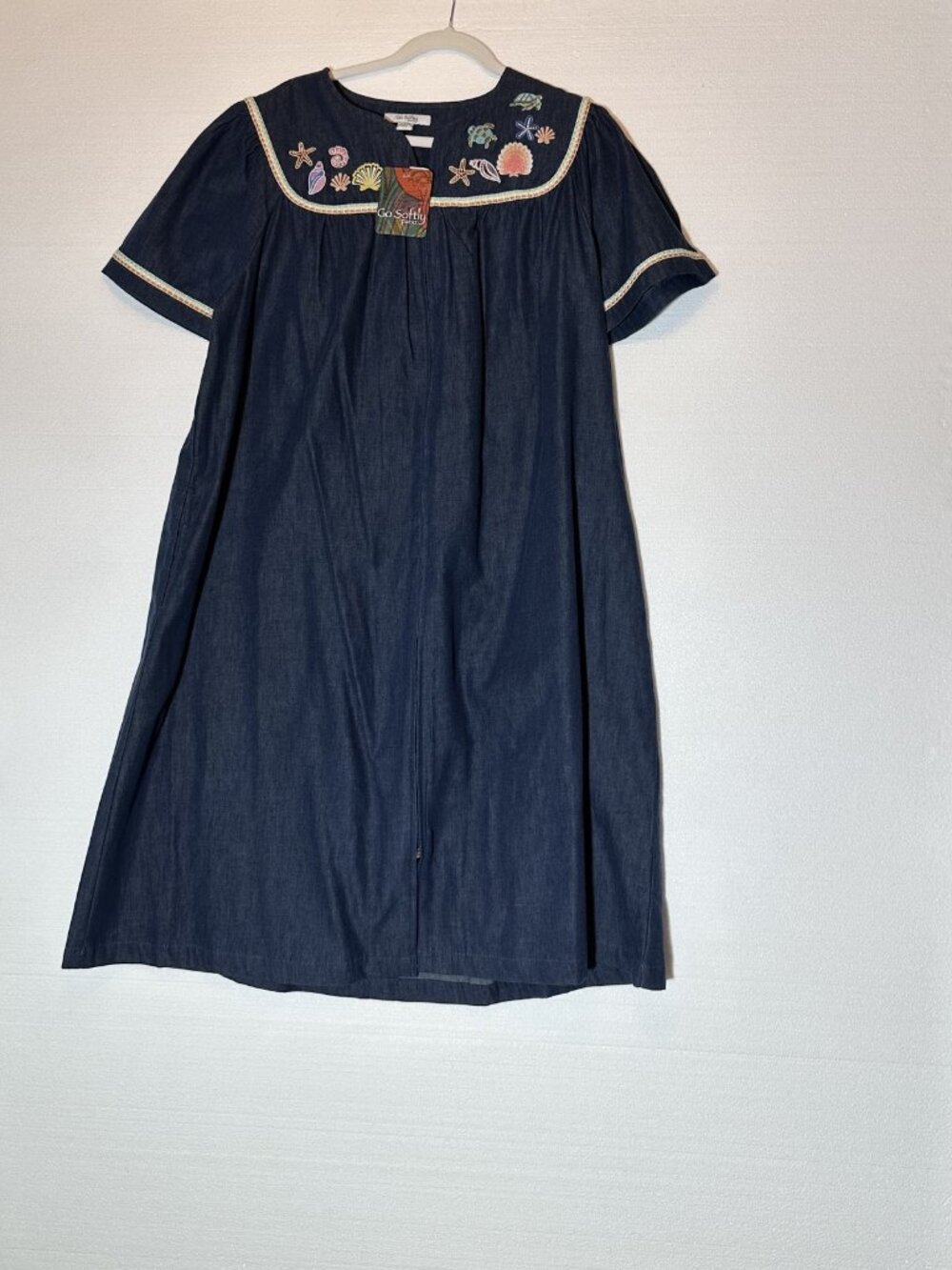 Go Softly NEW Cotton Chambray Patio House Dress L Embroidered Seashells